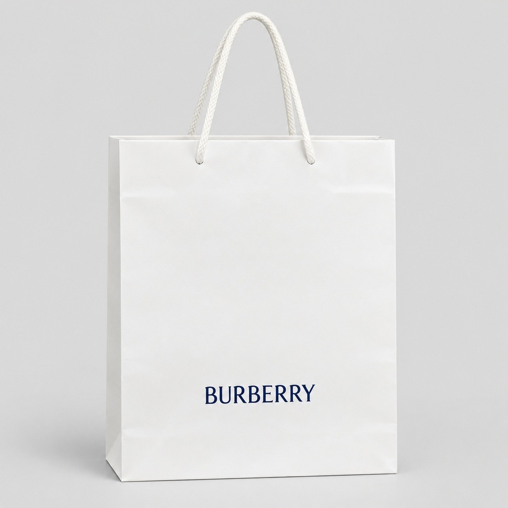 Burberry White Paper Shopping Bag Navy Logo Woven Rope Handles 12x16.5x4